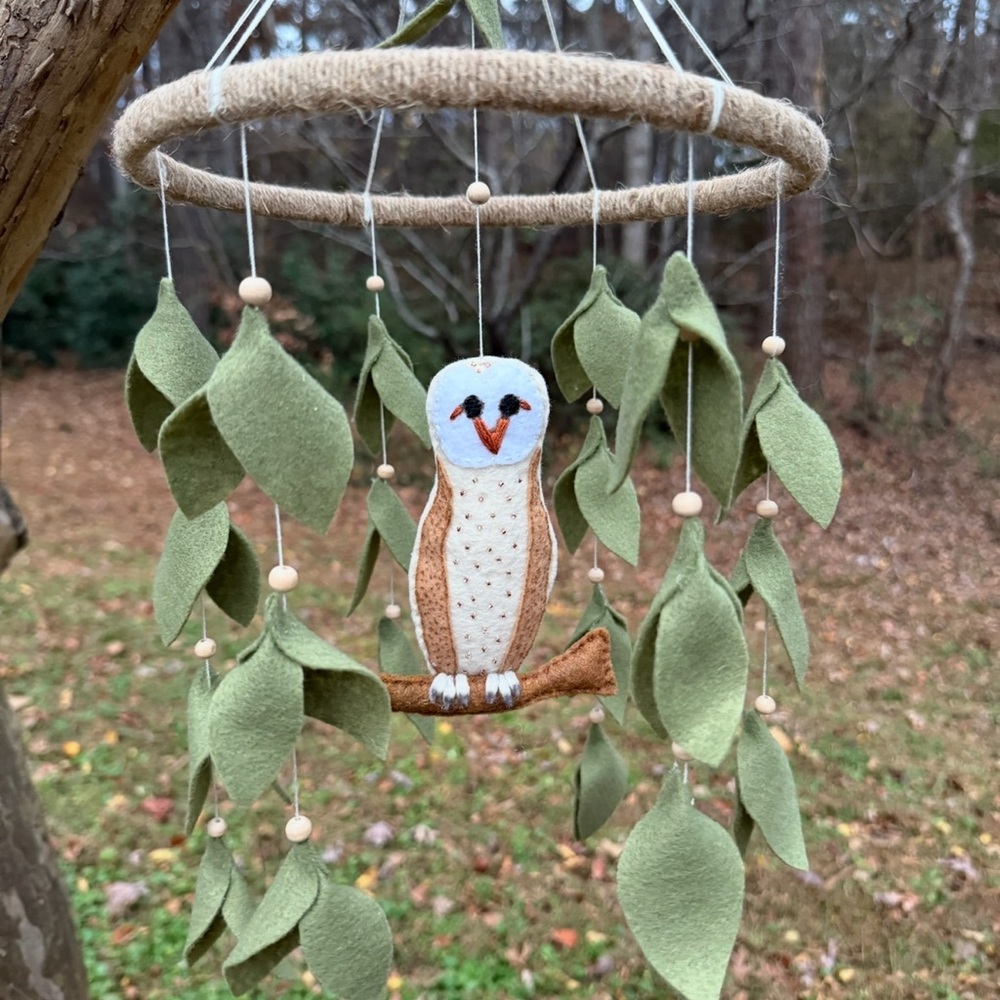 Handcrafted Owl Mobile with Green Leaves